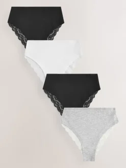 Next White/Black/Grey High Rise High Leg Cotton Lace Knickers 4 Pack Sale