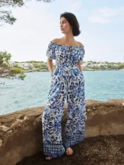 Next Off the Shoulder Jumpsuit White/Blue Floral Print Best