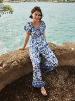 Next Off the Shoulder Jumpsuit White/Blue Floral Print Best
