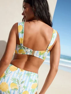 Next White/Blue Pique Stripe Lemon Print Wired Bandeau Bikini Top Clearance