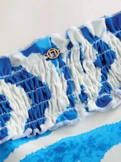 Next Shirred High Leg Bikini Bottoms White/Blue Zebra Hot