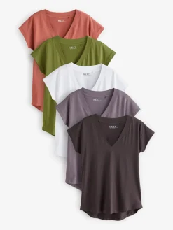 Next White/Grey/Khaki/Rust/Brown V-Neck Cap Sleeve 100% Cotton T-Shirts 5 Pack Clearance