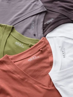 Next White/Grey/Khaki/Rust/Brown V-Neck Cap Sleeve 100% Cotton T-Shirts 5 Pack Clearance