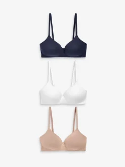 Next Pad Non Wire Cotton Blend Ultimate Comfort Bras 3 Pack White/Navy Blue/Pink Hot