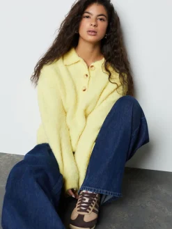 Next Boucle Long Sleeve Polo Jumper Yellow New