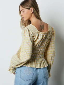 Next Yellow Gingham Shirred Long Sleeve Milkmaid Top Discount