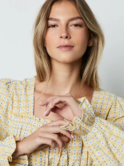 Next Yellow Gingham Shirred Long Sleeve Milkmaid Top Discount