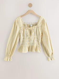 Next Yellow Gingham Shirred Long Sleeve Milkmaid Top Discount