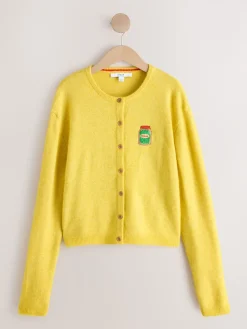 Next Yellow Pickles Embroidery Crew Neck Knitted Cardigan With Wool Discount