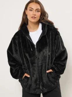 Yours Curve Faux Fur Zip Thru Hooded Fleece Black Best