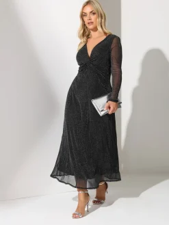 Yours Curve London Metallic Twist Front Maxi Dress Black Clearance