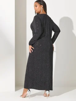 Yours Curve Black London Glitter Long Sleeve Knot Maxi Dress Hot