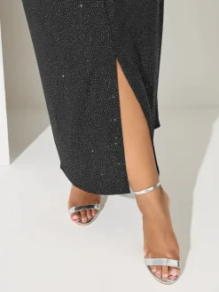 Yours Curve Black London Glitter Long Sleeve Knot Maxi Dress Hot