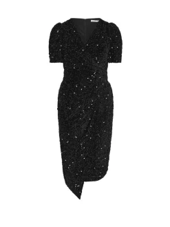Yours Curve London Sequin Velvet Puff Sleeve Wrap Dress Black Clearance