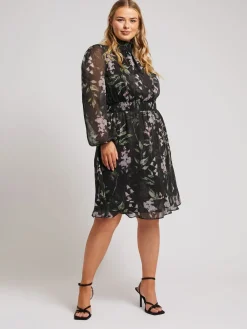 Yours Curve Black London Floral Shirred Waist Collar Dress Discount