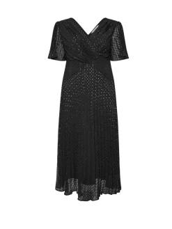 Yours Curve London Metallic Pleated Wrap Dress Black New