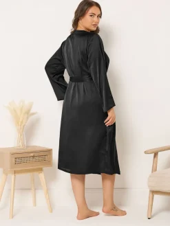 Yours Curve Satin Robe Black Outlet