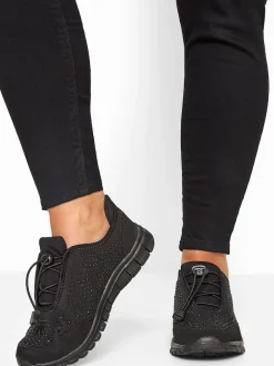 Yours Curve Black Wide Fit Titania Gem Trainers Sale