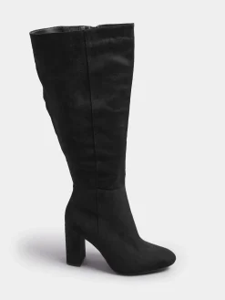 Yours Curve Black Wide Fit Wide Fit Heeled Micro Knee High Boots Clearance