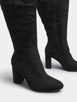 Yours Curve Black Wide Fit Wide Fit Heeled Micro Knee High Boots Clearance