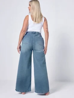 Yours Curve Blue Wide Leg Pull On Puddle Jeans Sale