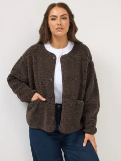 Yours Curve Collarless Popper Fleece Brown Clearance