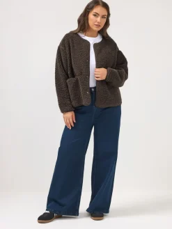 Yours Curve Collarless Popper Fleece Brown Clearance