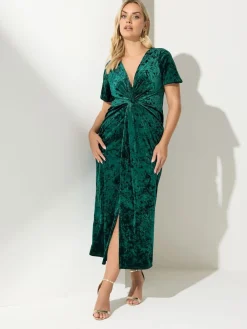 Yours Curve London Velvet Knot Dress Green New