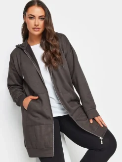 Yours Curve Grey Longline Zip Through Hoodie Clearance