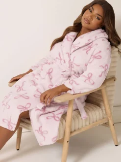 Yours Curve Pink Fluffy Bows Shawl Collar Robe Hot