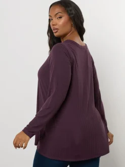 Yours Curve Henley Ribbed Swing Blouse Purple New