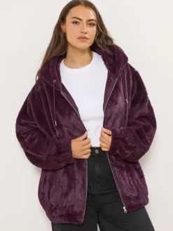 Yours Curve Faux Fur Zip Thru Hooded Fleece Red New