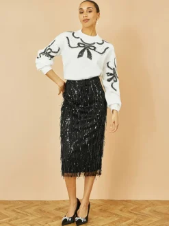 Yumi Black Hanging Sequin Fitted Midi Skirt Best