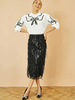 Yumi Black Hanging Sequin Fitted Midi Skirt Best