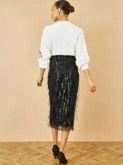 Yumi Black Hanging Sequin Fitted Midi Skirt Best