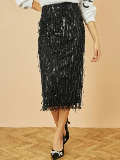 Yumi Black Hanging Sequin Fitted Midi Skirt Best