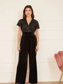 Yumi Sequin Embellished Velvet Jumpsuit With Angel Sleeves Black Clearance