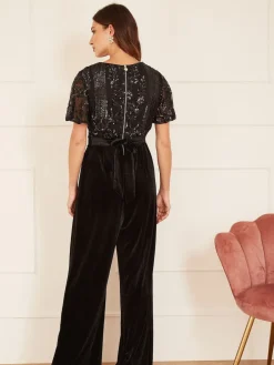Yumi Sequin Embellished Velvet Jumpsuit With Angel Sleeves Black Clearance