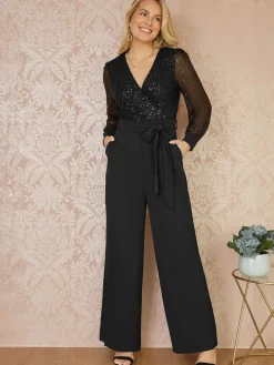 Yumi Black Sequin Jumpsuit With Long Sleeves Sale