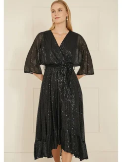 Yumi Black Sequin Kimono Midi Wrap Dress Clearance