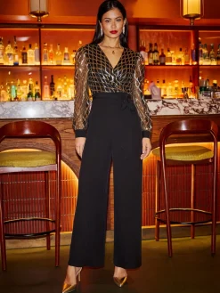 Yumi Black Sequin Wrap Over Jumpsuit Sale