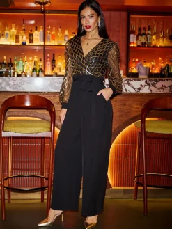 Yumi Black Sequin Wrap Over Jumpsuit Sale