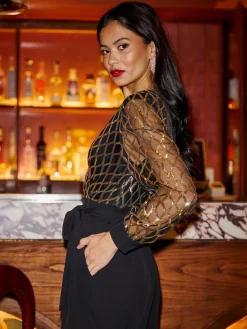 Yumi Black Sequin Wrap Over Jumpsuit Sale