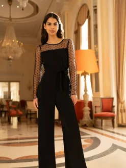 Yumi Black Spot Mesh Stretch Jumpsuit Hot