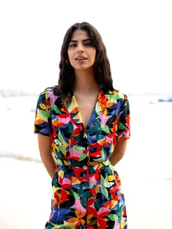Yumi Black Tropical Leaf Print Playsuit New