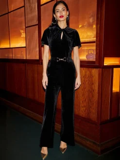 Yumi Black Velvet Jumpsuit With Twist Neckline And Buckle Belt New