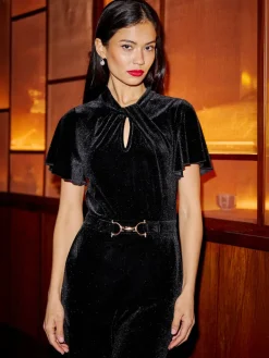 Yumi Black Velvet Jumpsuit With Twist Neckline And Buckle Belt New