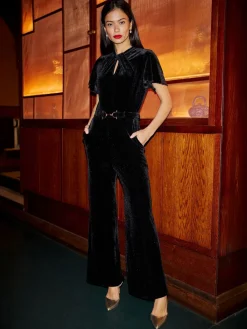 Yumi Black Velvet Jumpsuit With Twist Neckline And Buckle Belt New
