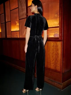Yumi Black Velvet Jumpsuit With Twist Neckline And Buckle Belt New