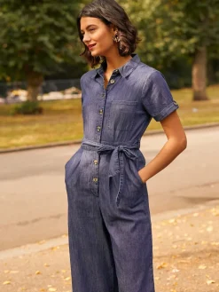 Yumi Blue 100% Cotton Denim Button Jumpsuit Outlet
